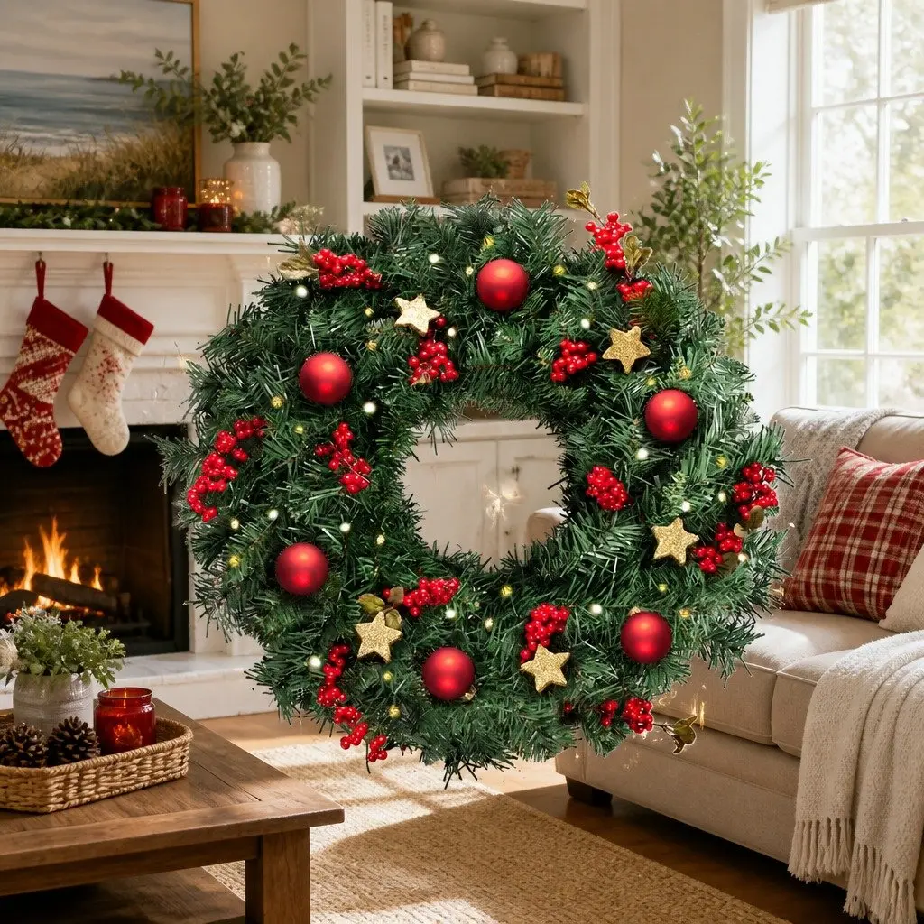 Christmas Wreath Green 60cm PVC Tips Indoor Outdoor Holiday Decoration
