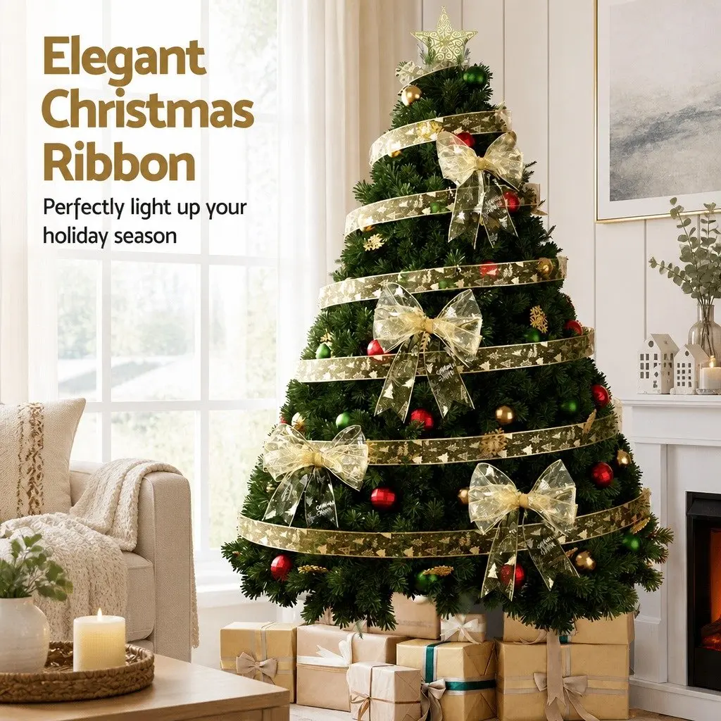 Christmas Tree Ribbon 20M Gold Decorative Roll with Xmas Tree Patterns for Holiday Decor