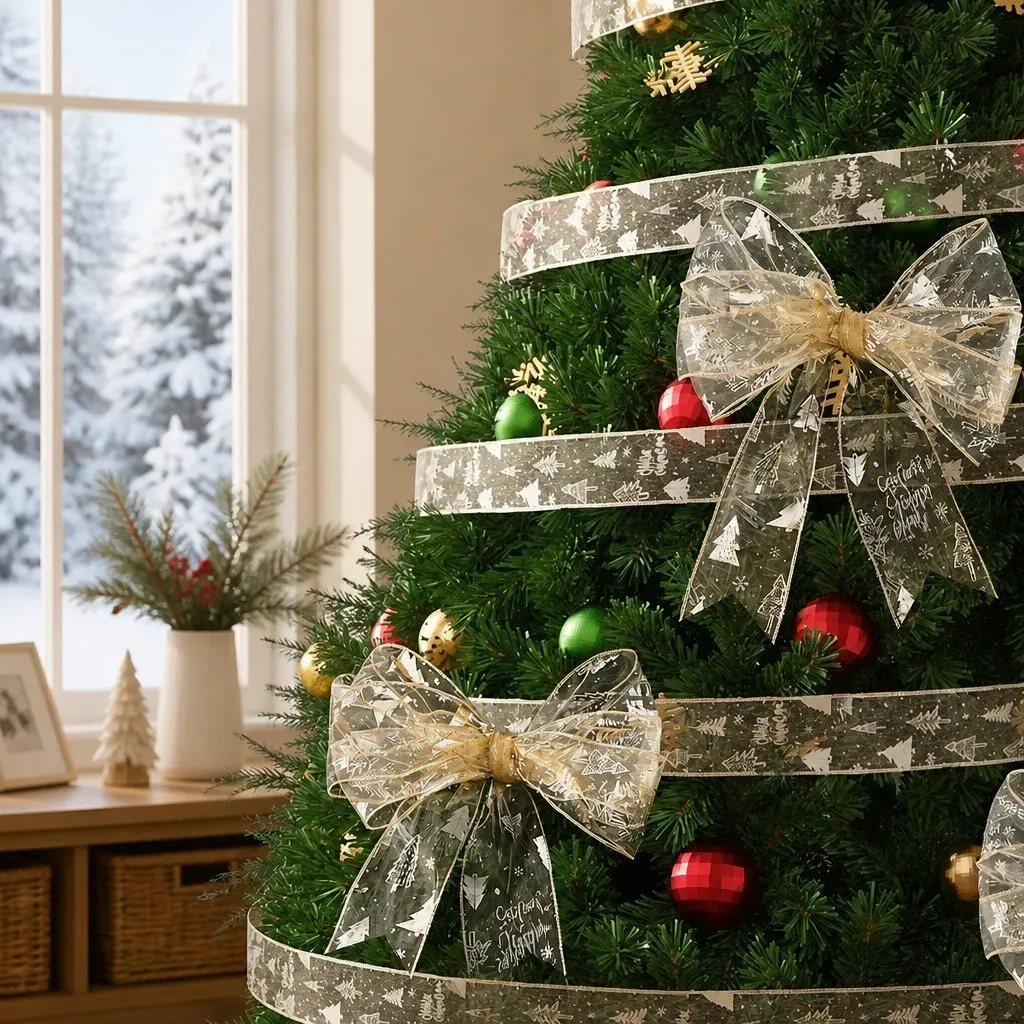 Christmas Tree Ribbon 20M Gold Decorative Roll with Xmas Tree Patterns for Holiday Decor