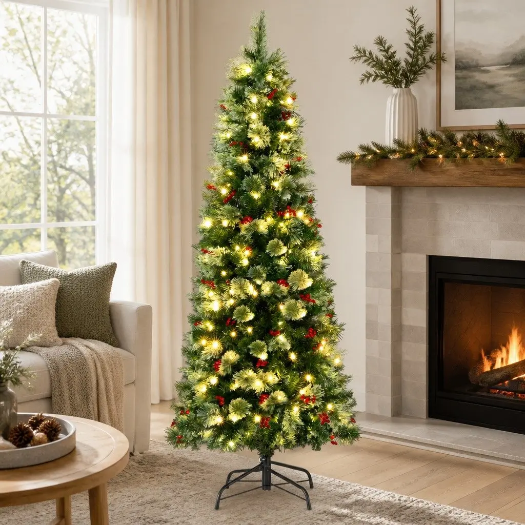Christmas Tree LED 180cm Pre-lit Pine Tree with Red Berries for Home Decoration 6FT