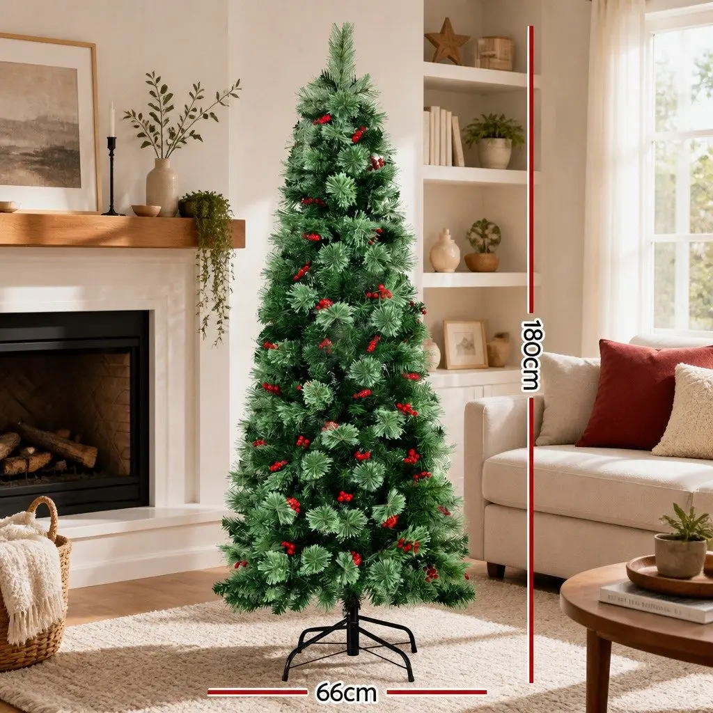 Christmas Tree LED 180cm Pre-lit Pine Tree with Red Berries for Home Decoration 6FT
