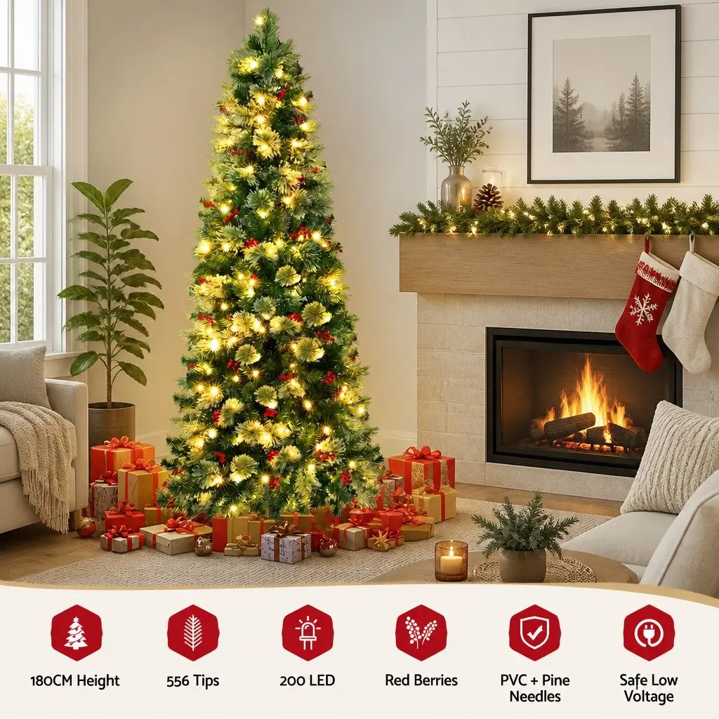 Christmas Tree LED 180cm Pre-lit Pine Tree with Red Berries for Home Decoration 6FT