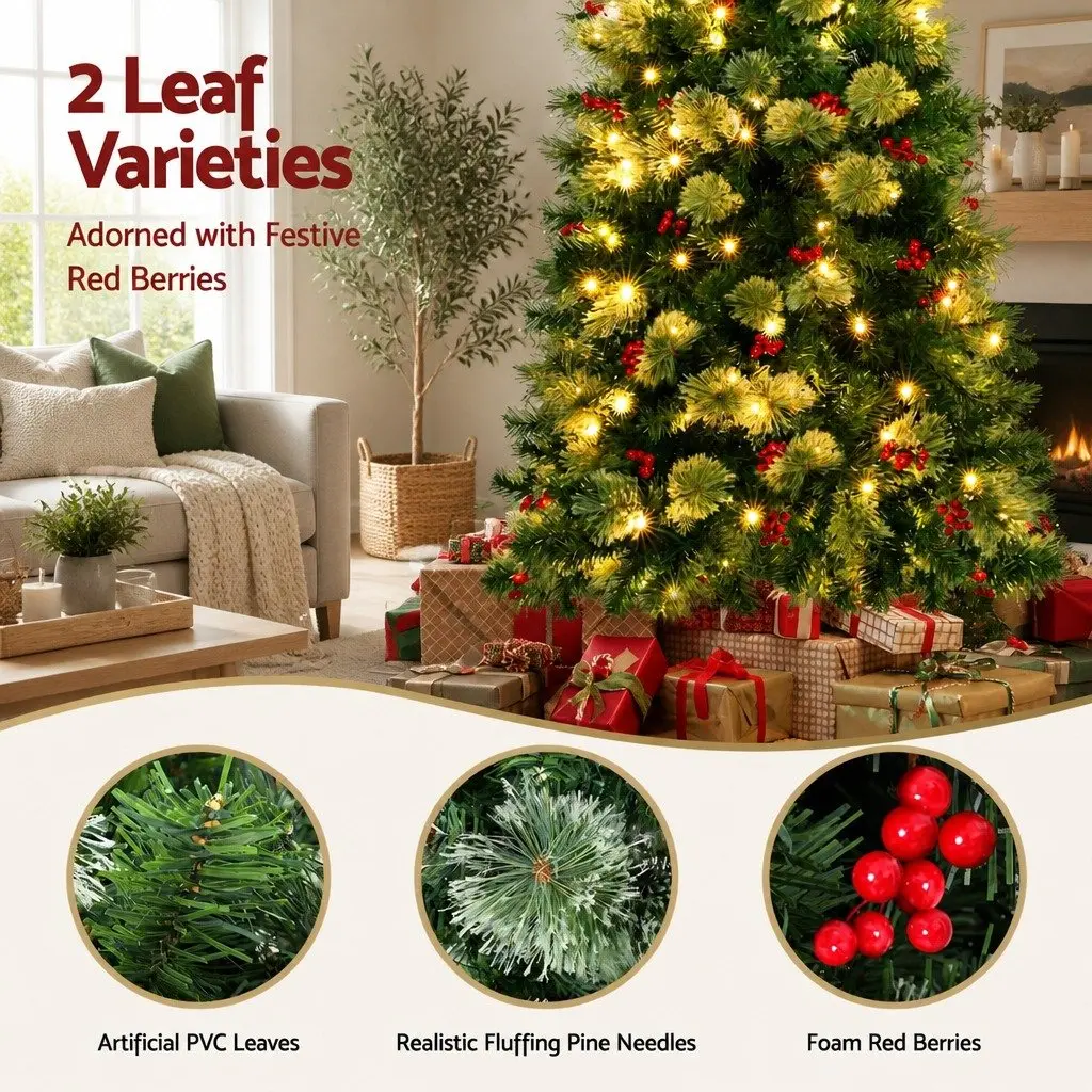 Christmas Tree LED 180cm Pre-lit Pine Tree with Red Berries for Home Decoration 6FT