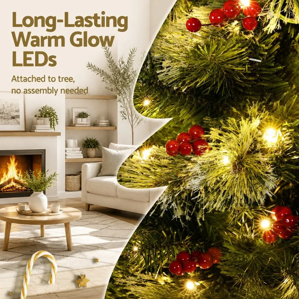 Christmas Tree LED 180cm Pre-lit Pine Tree with Red Berries for Home Decoration 6FT
