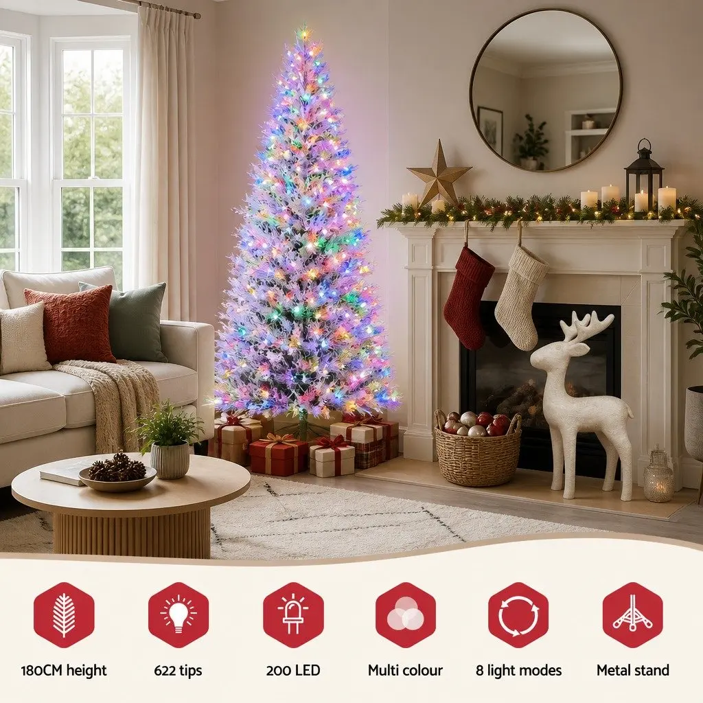 LED Christmas Tree Snowy Pre-Lit 1.8M Multi Colour 8 Light Modes