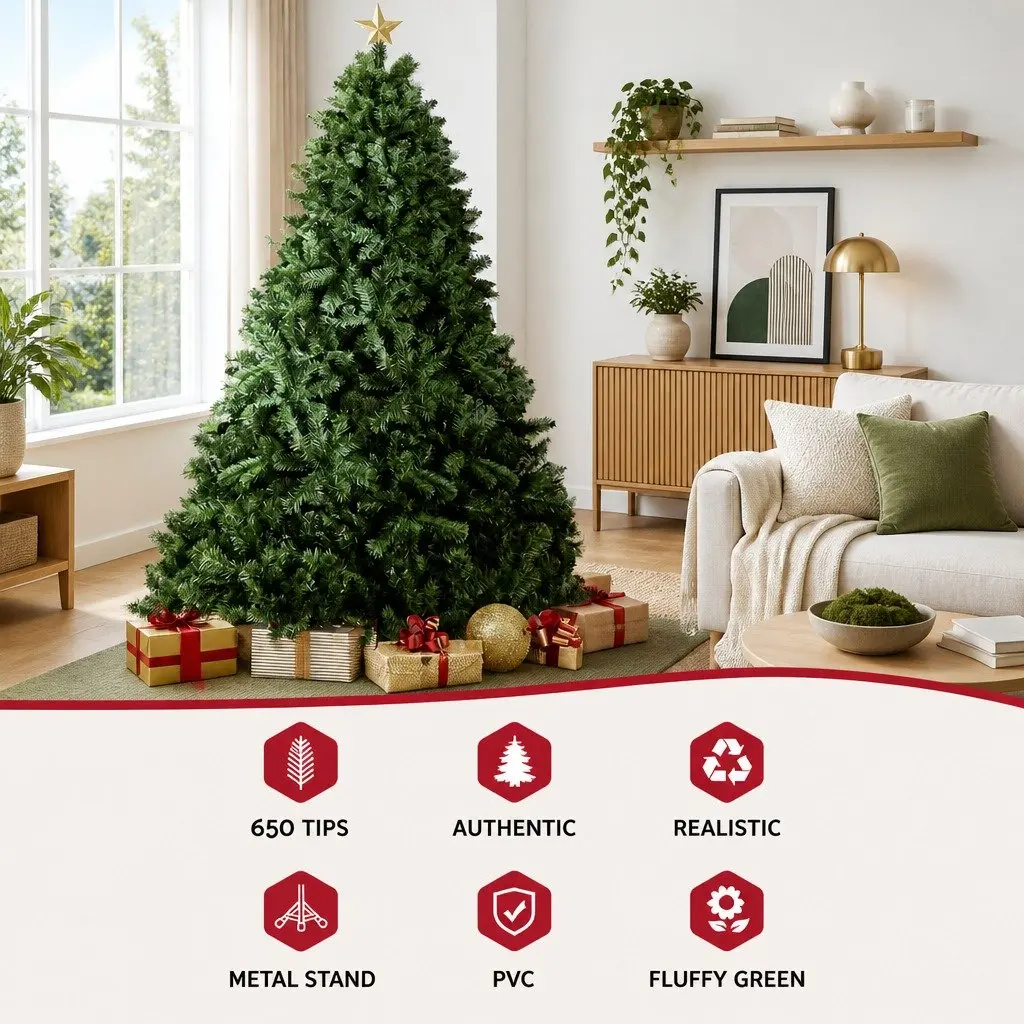 Christmas Tree 1.8m Green Faux Decoration 650 PVC Tips Metal Stand