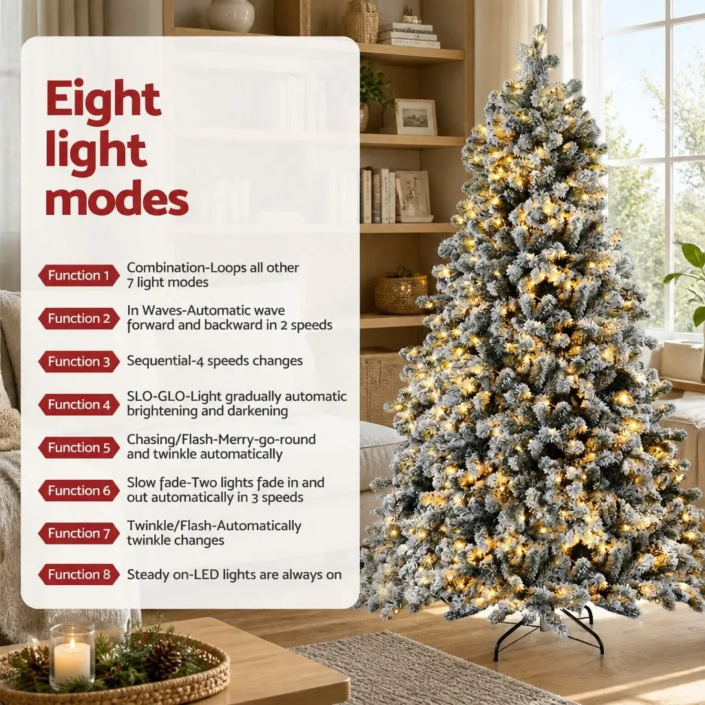 Christmas Tree Snow Flocked Pre-Lit 1.8m Green with 8 Light Modes
