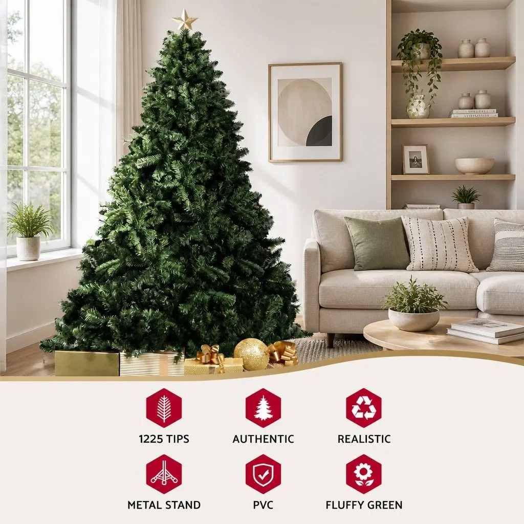 Green Christmas Tree 2.4m Artificial Xmas Tree 1225 Tips Metal Stand Home Decor