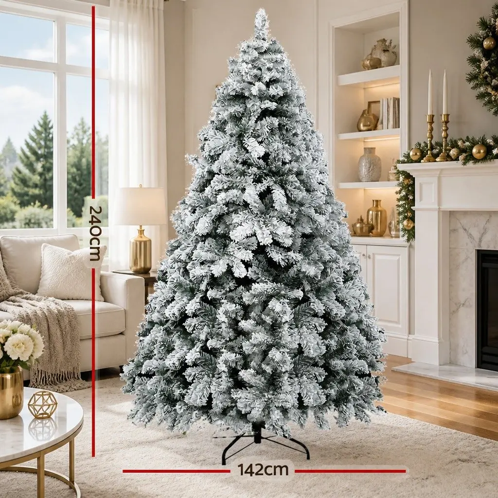 Christmas Tree 2.4m Snow Flocked Xmas Decorations 1165 Tips Green White Faux