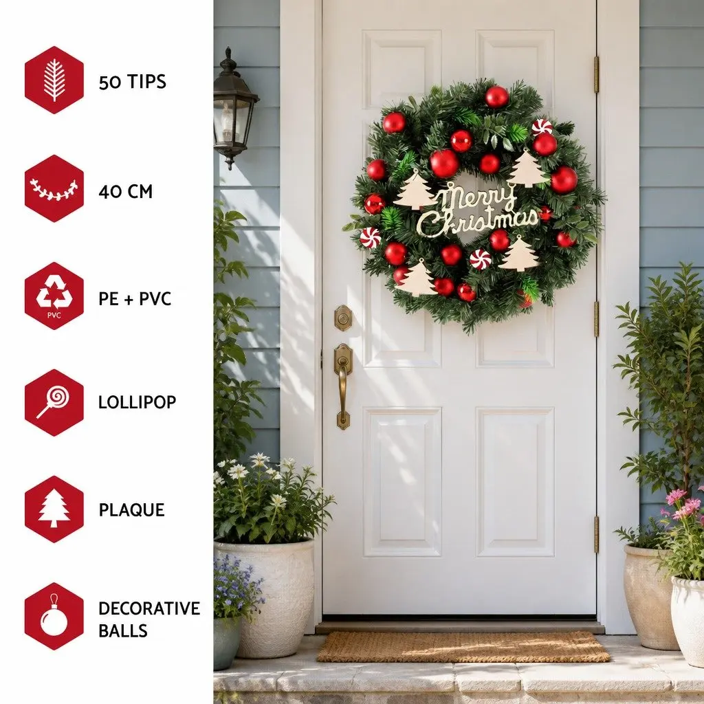 Christmas Wreath 40CM Green Xmas Garland with Baubles Ornaments Indoor Outdoor