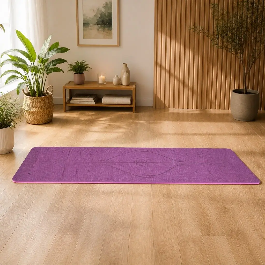 Yoga Mat 6mm Thick Non-Slip with Body Alignment Lines Purple