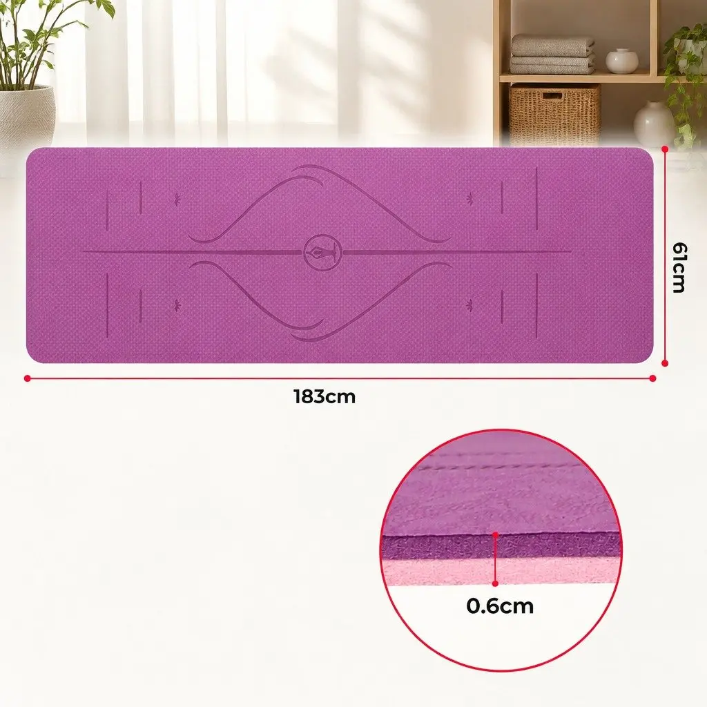 Yoga Mat 6mm Thick Non-Slip with Body Alignment Lines Purple