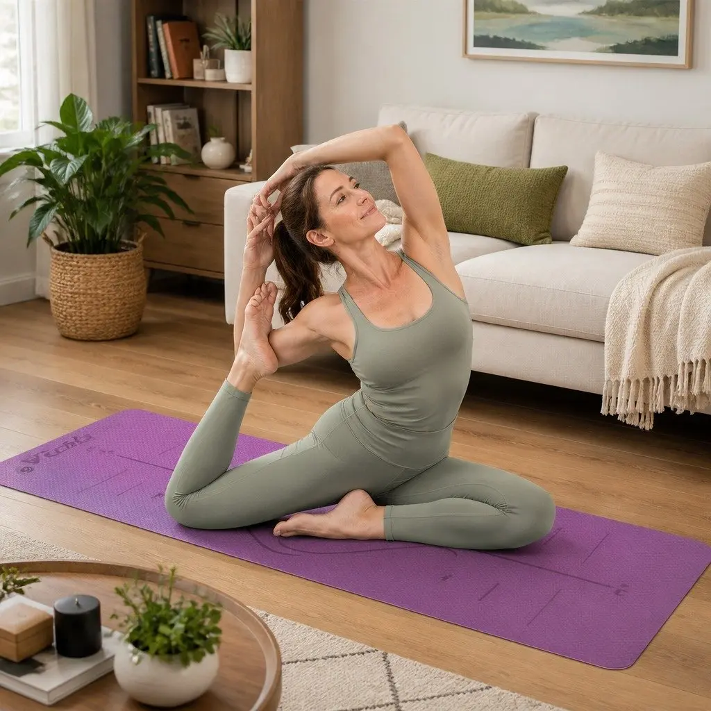 Yoga Mat 6mm Thick Non-Slip with Body Alignment Lines Purple