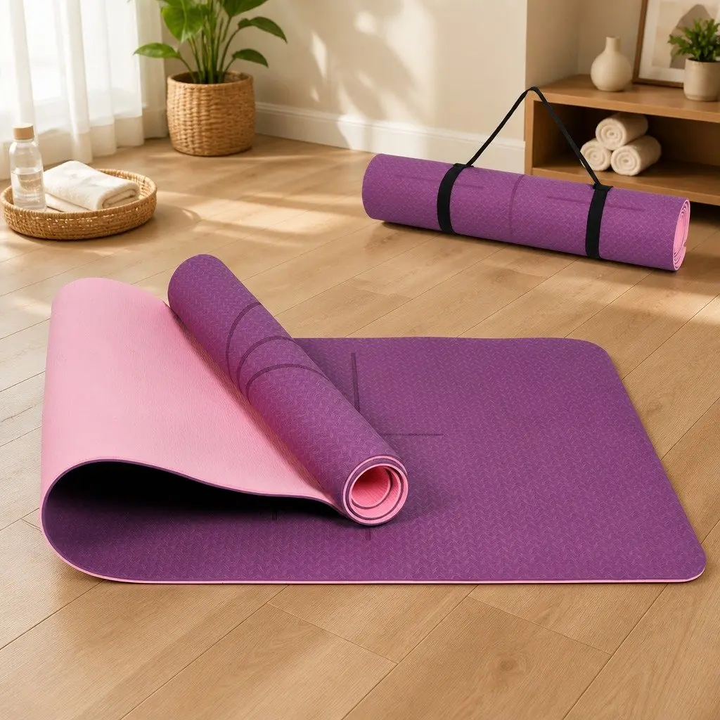 Yoga Mat 6mm Thick Non-Slip with Body Alignment Lines Purple