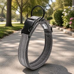 Heavy Duty Reflective Dog Collar Safety Lock Buckle Stainless Steel O Ring Grey