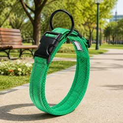 Heavy Duty Reflective Dog Collar Large Green Safety Lock Buckle Stainless Steel