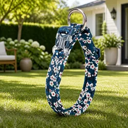 Floral Dog Collar Blue 3XL Padded Snap Buckle Pet Accessory with O Ring Leash