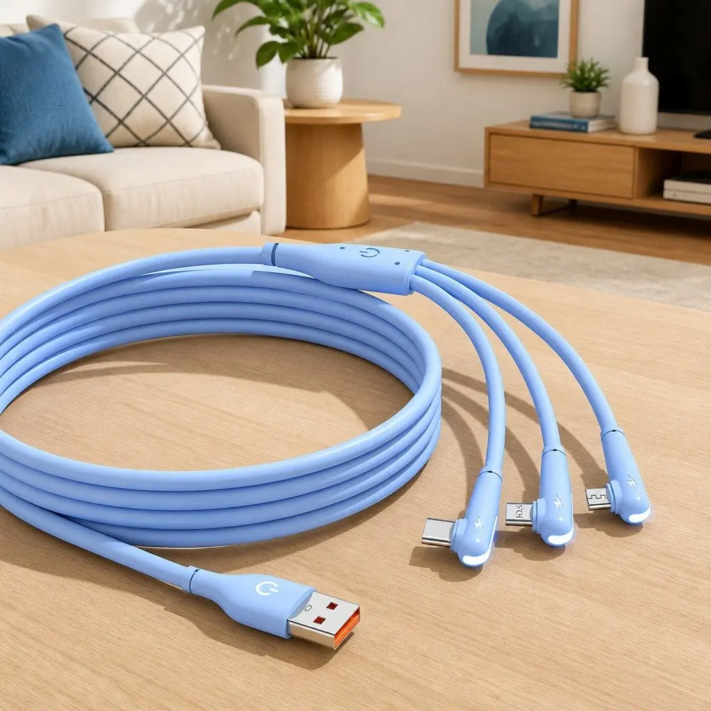 3-in-1 Fast Charging Data Cable Elbow Liquid Silicone 1.2m Blue
