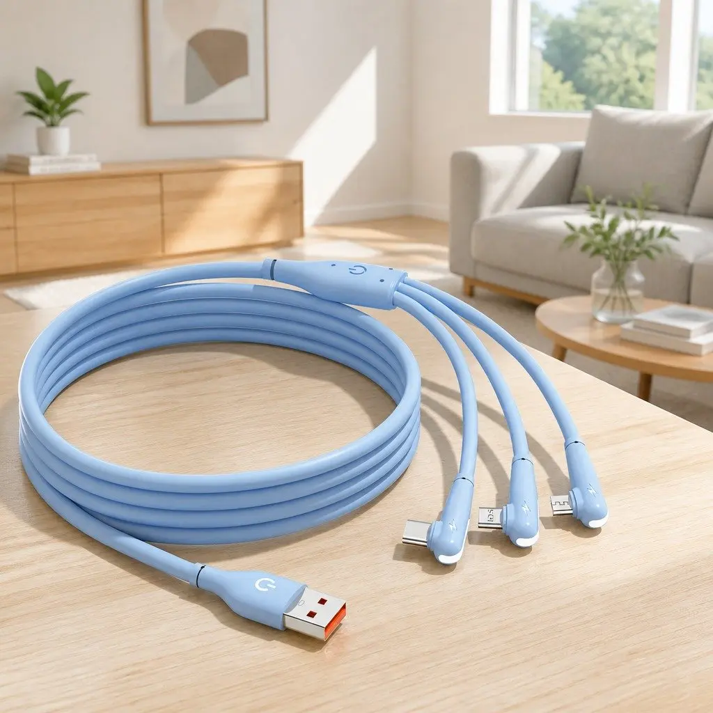 66W Fast Charging Three-in-One Data Cable Elbow Liquid Silicone 1.2m Blue