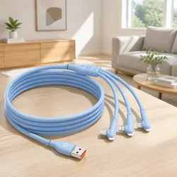66W Fast Charging Three-in-One Data Cable Elbow Liquid Silicone Blue