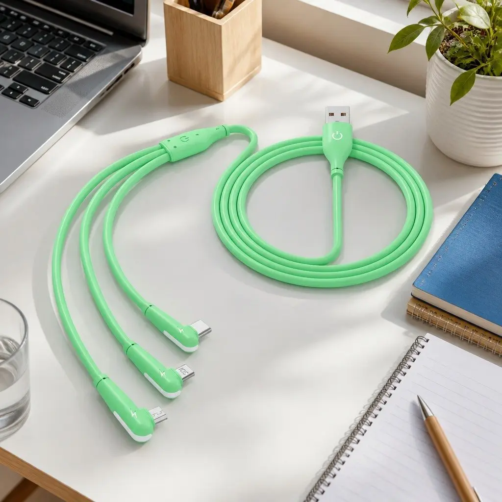 Elbow Three-in-One Fast Charging Data Cable Liquid Silicone Green 1.2m