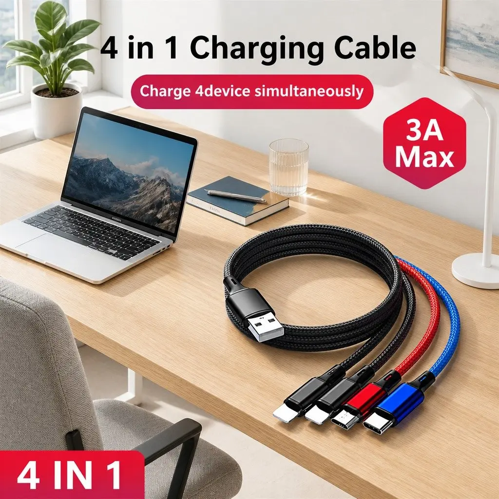 4-in-1 USB Charging Cable Nylon Woven Durable Compact Multi Device Connector