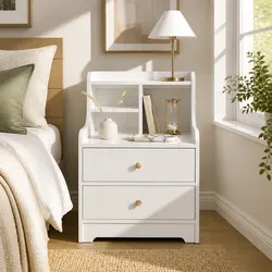White Bedside Table Nightstand Wooden Drawers Storage Curved Sides Design