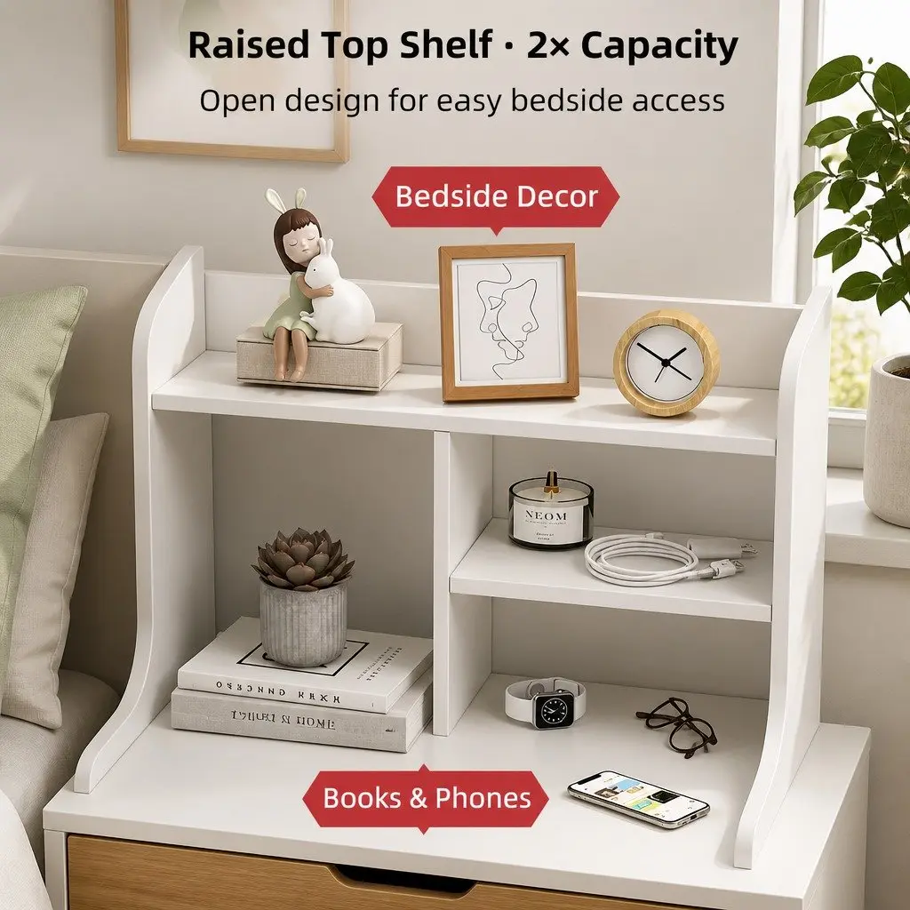 White Bedside Table Nightstand with 2 Drawers and Curved Sides 67cm
