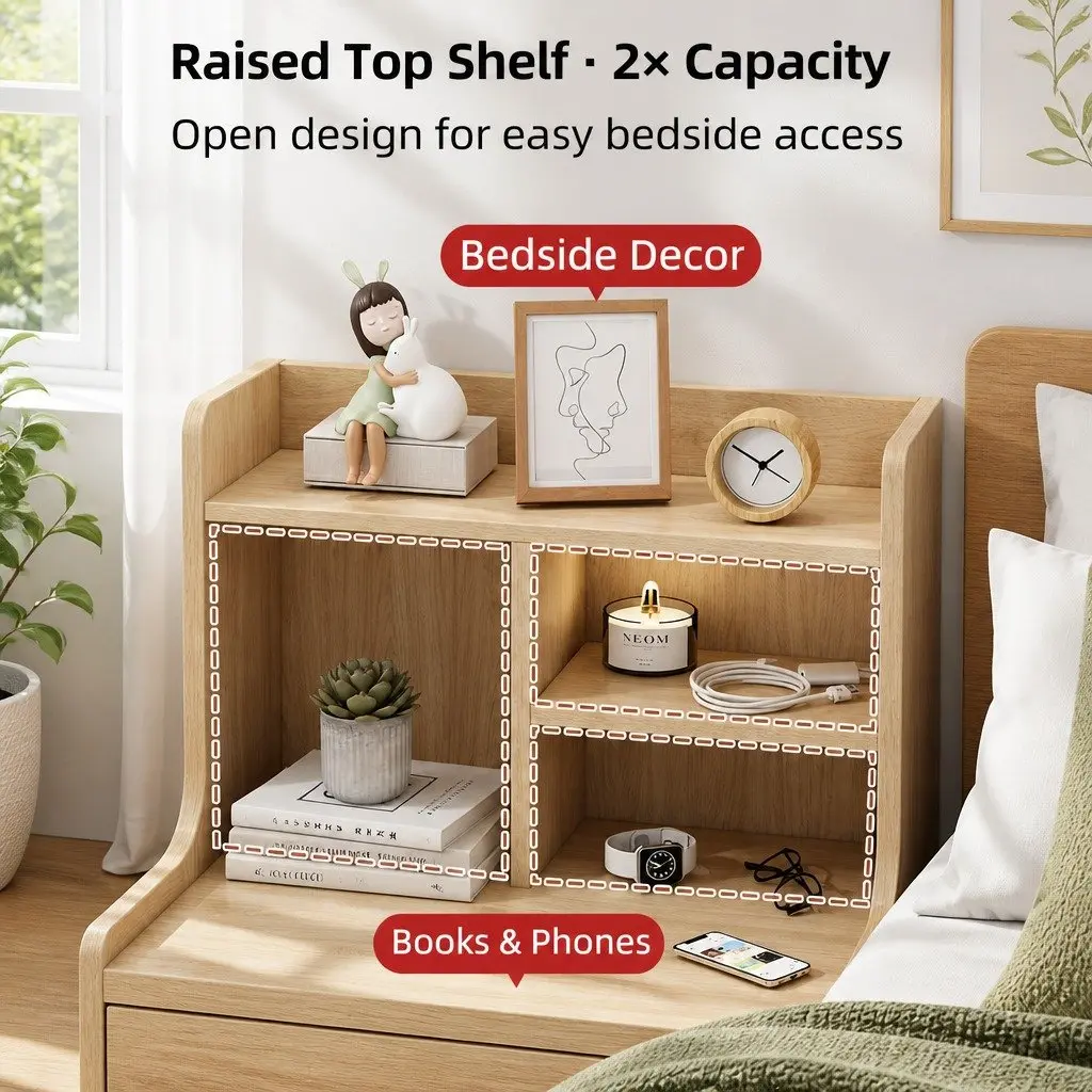 Bedside Table Nordic Style 70cm with 2 Drawers and Open Shelf