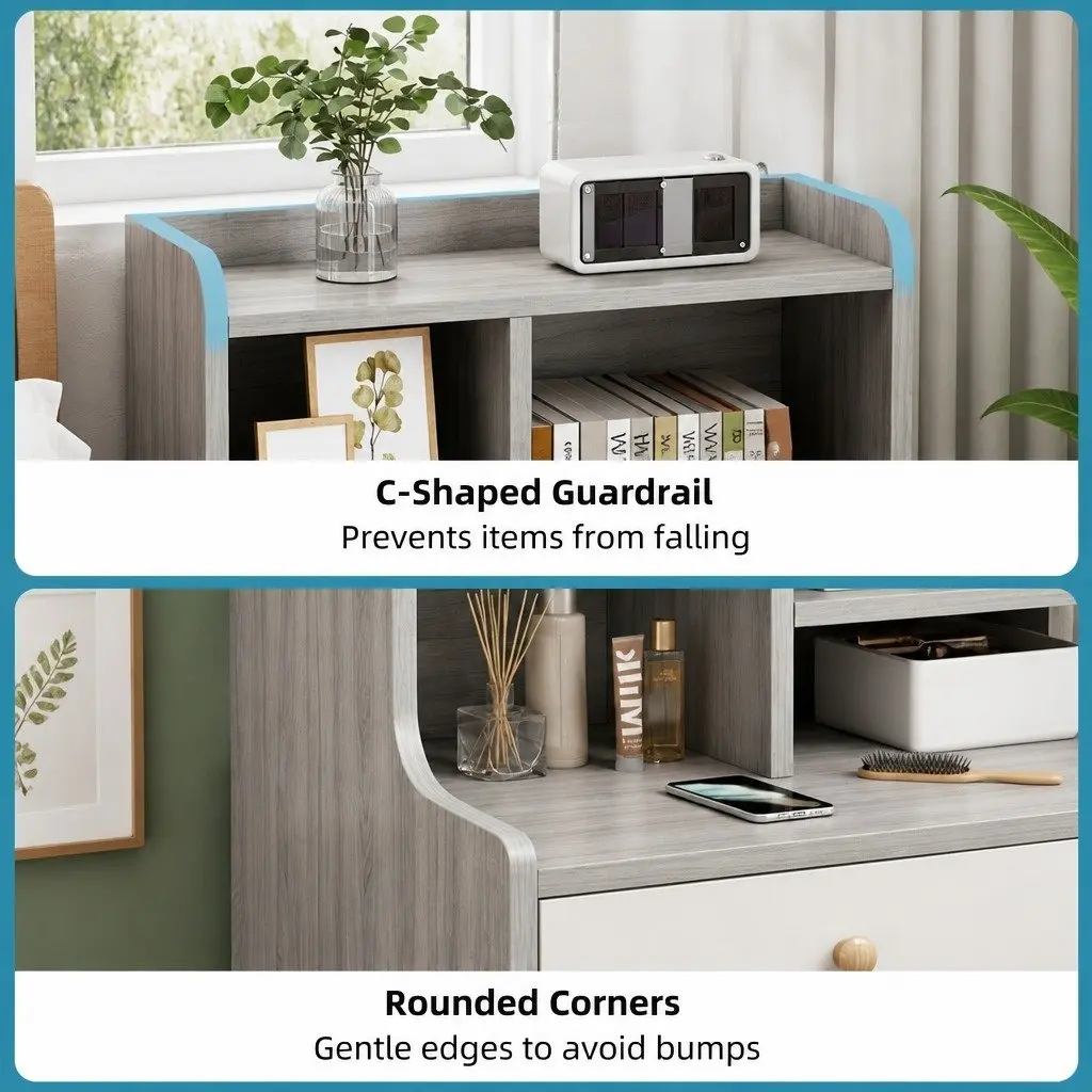 70cm Bedside Table with Open Shelf and 2 Drawers Light Gray Wood Grain Finish