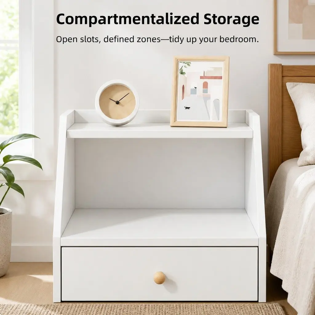 Scandinavian Bedside Table Nightstand 47 cm with 2 Drawers and Open Shelf