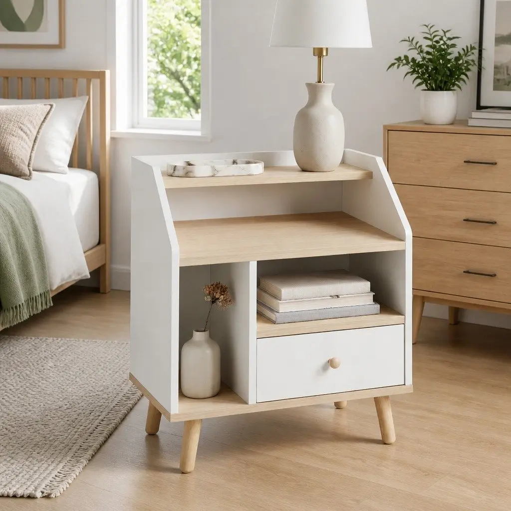Nordic-Style Bedside Table Nightstand in White with 1 Drawer and Open Shelves 47
