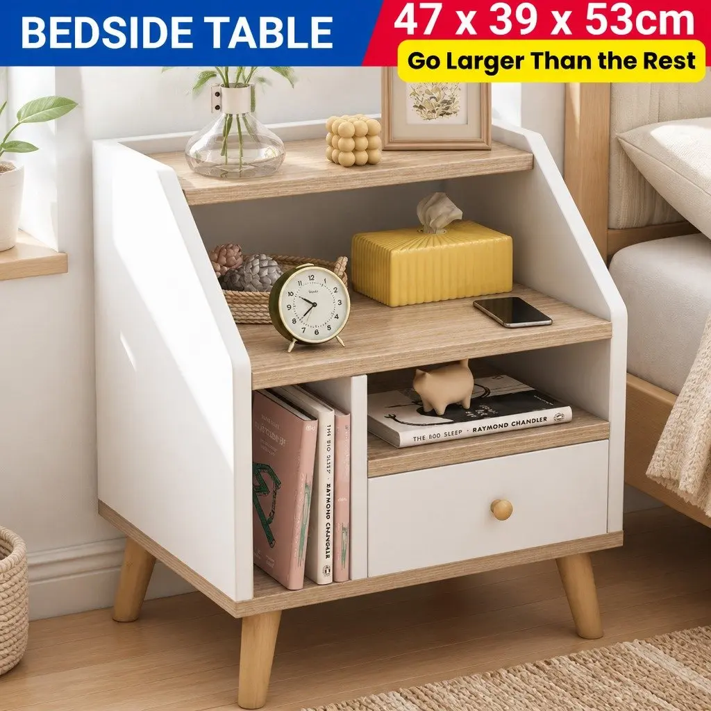 Nordic-Style Bedside Table Nightstand in White with 1 Drawer and Open Shelves 47