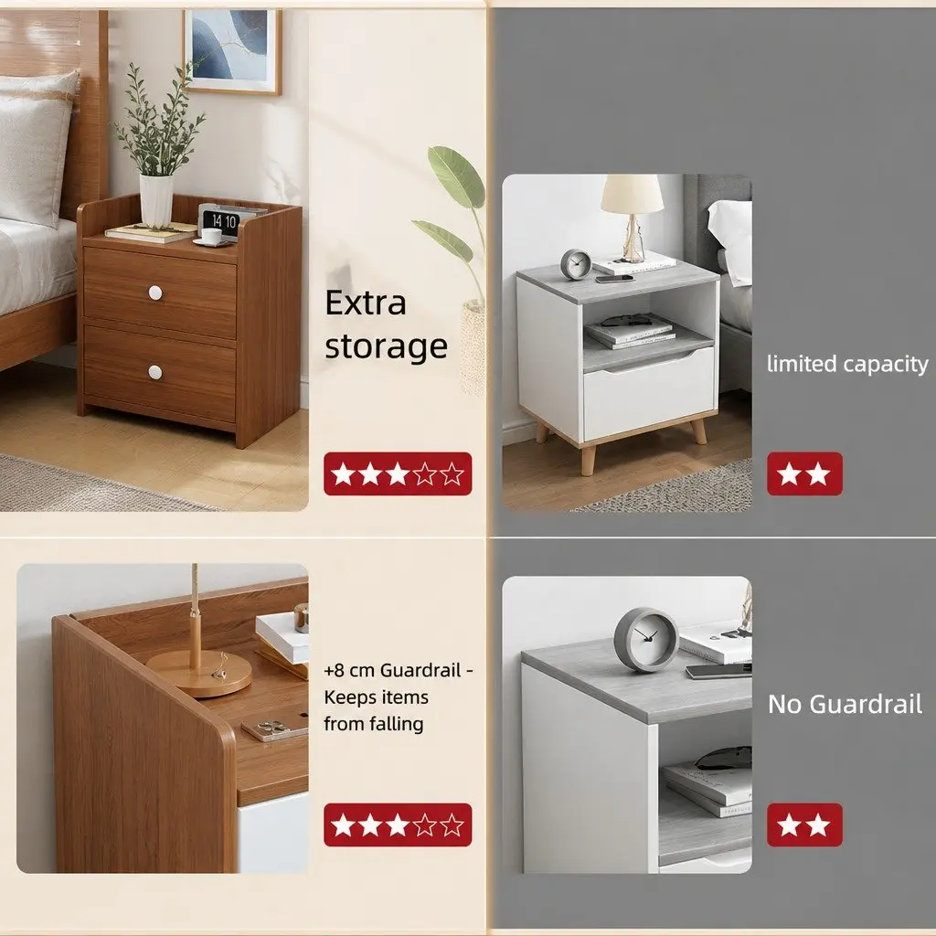 Bedside Table Walnut Wood Grain 47cm with 2 Drawers and Tray Top