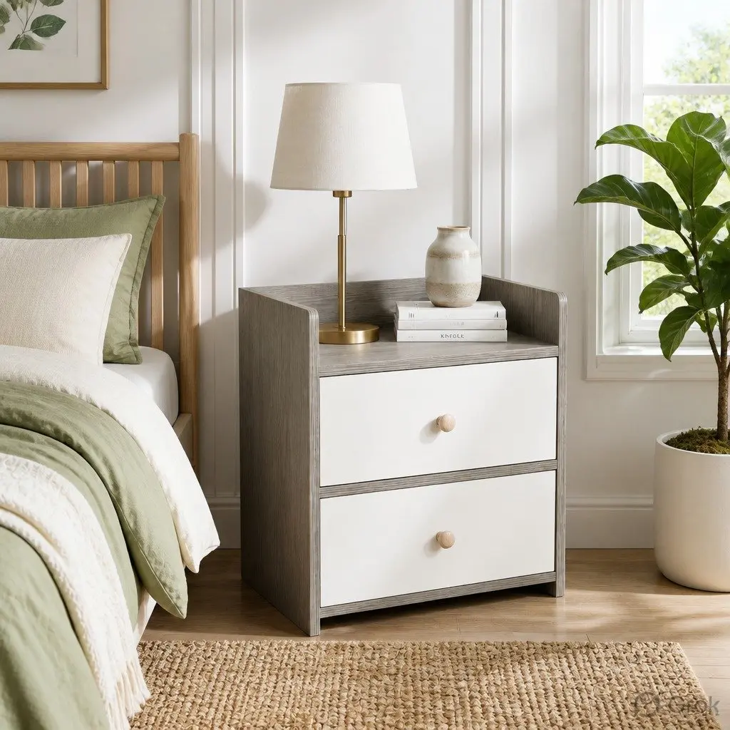 Bedside Table Nordic Style Two-Tone Light Gray White Wooden Drawers 47x39x48 cm
