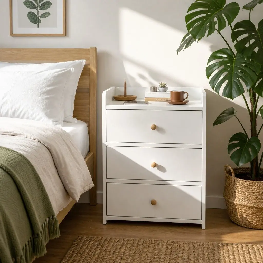Nightstand with Tray Top and 3 Drawers Warm White 47cm x 59cm