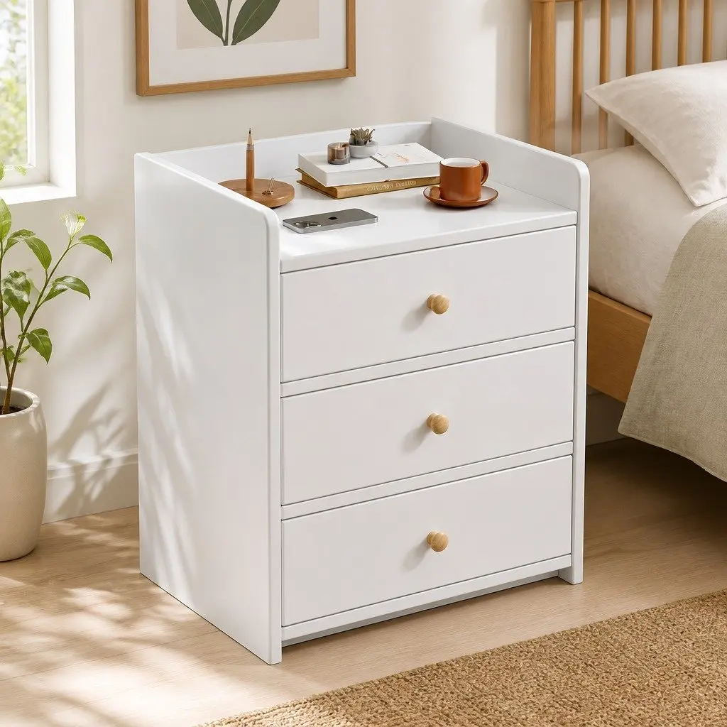 Nightstand with Tray Top and 3 Drawers Warm White 47cm x 59cm
