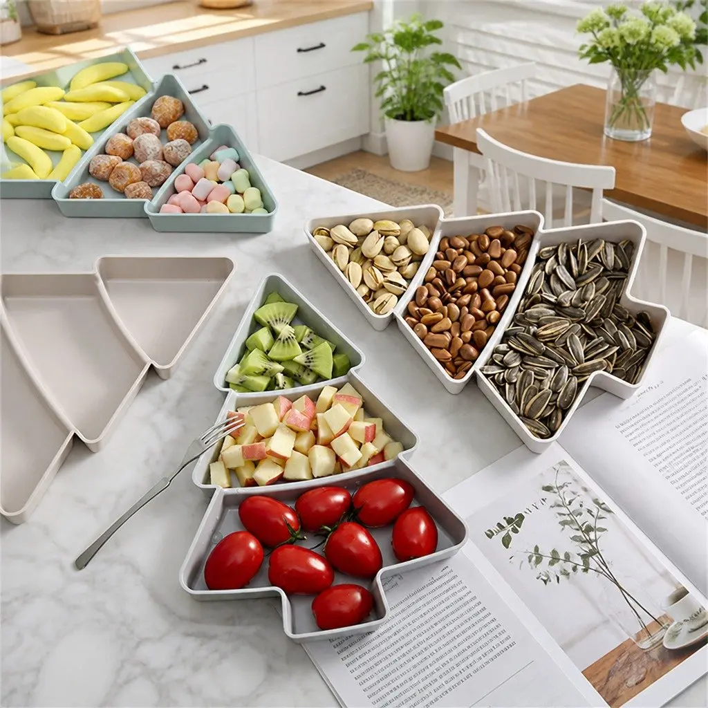Dried Fruit Tray Christmas Tree Shaped Candy Snacks Serving Plate Blue