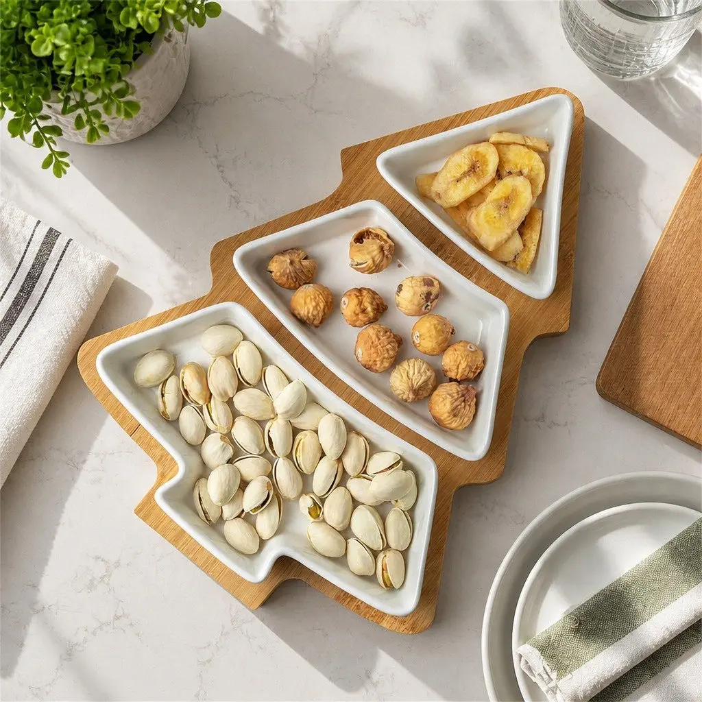 Dried Fruit Tray Christmas Tree Shaped Candy Snacks Serving Plate Blue