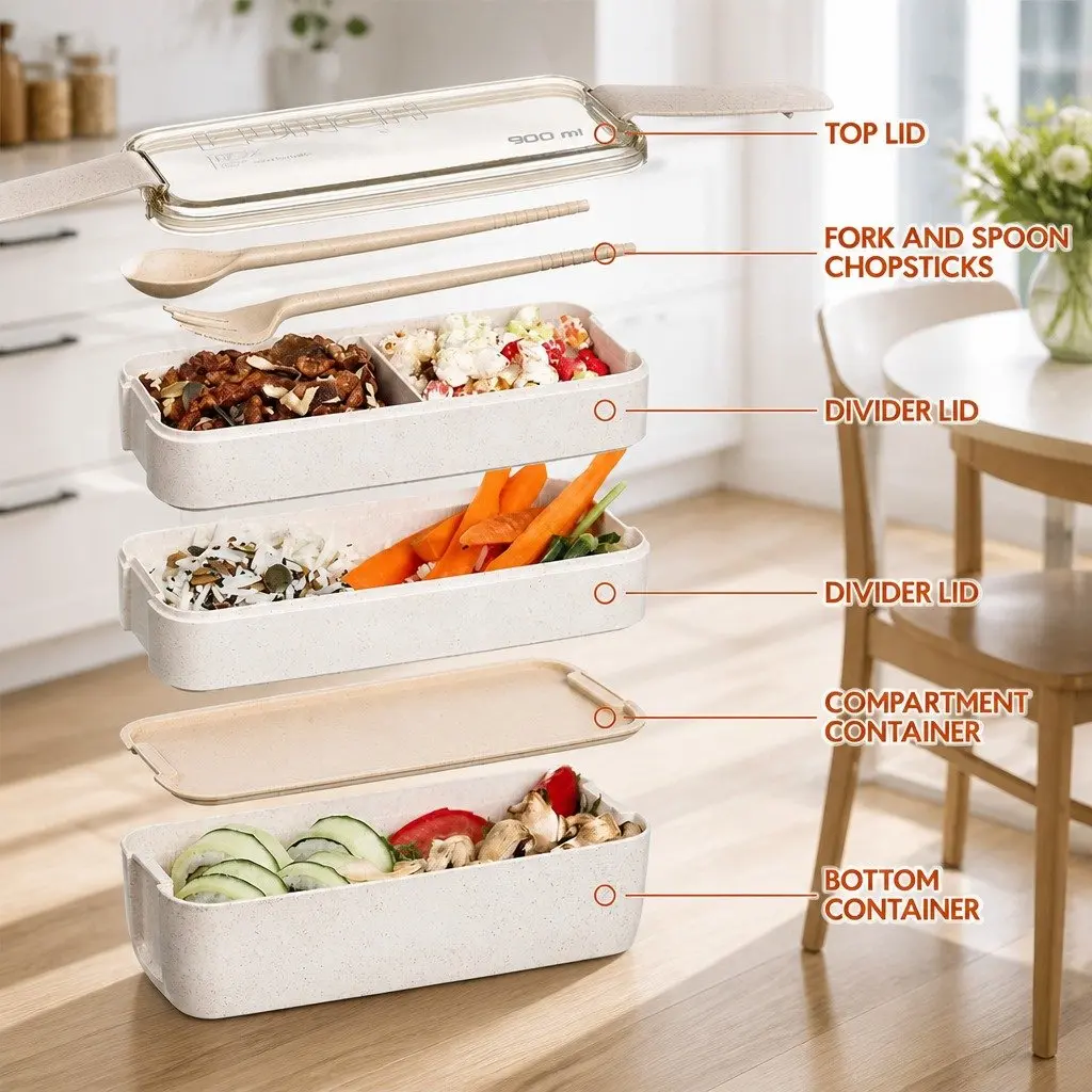 3-Layer Bento Lunch Box 900ml with Easy Lock Seal