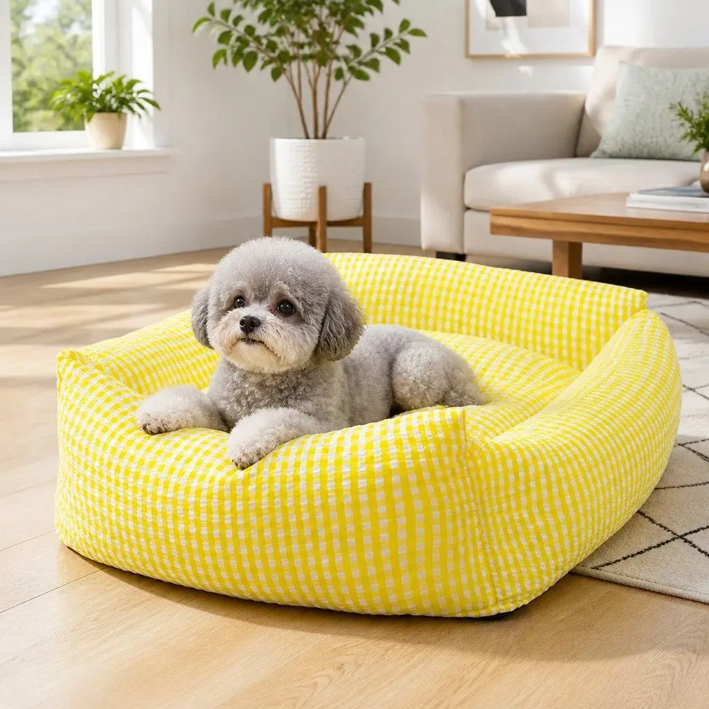 Pet Bed Removable Washable Cushion Square Basket for Dogs Cats Yellow 45x35x18cm