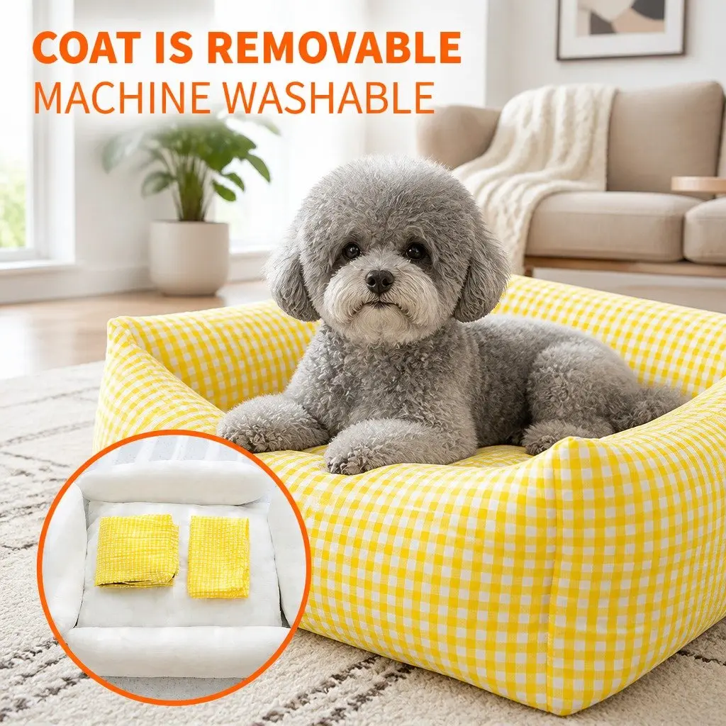 Pet Bed Removable Washable Cushion Square Basket for Dogs Cats Yellow 45x35x18cm