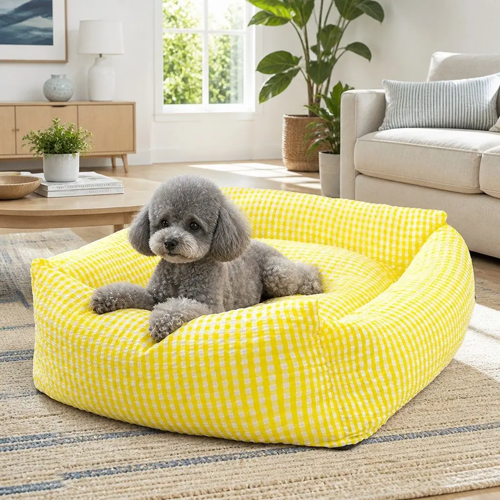 Pet Bed Removable Washable Cushion Square Basket for Dogs Cats Yellow 45x35x18cm