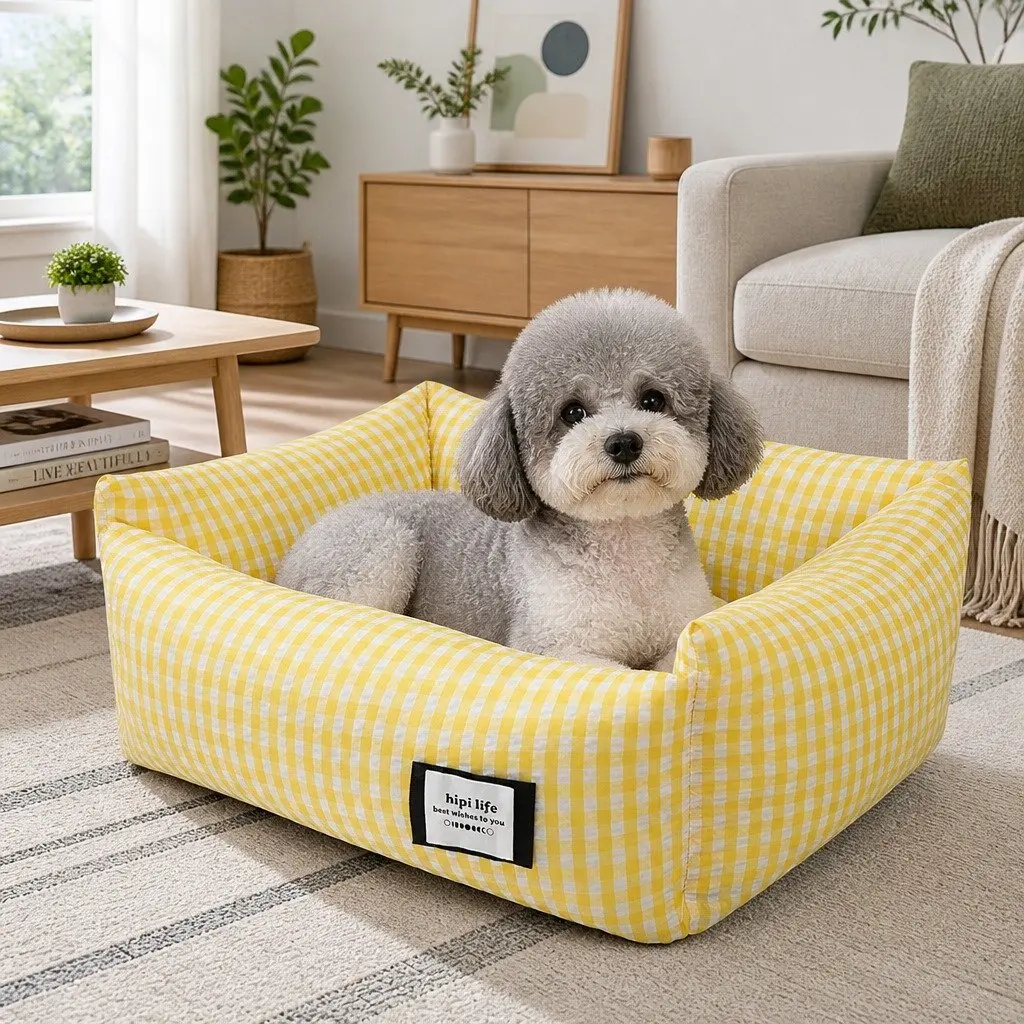 Pet Bed Removable Washable Cushion Square Basket for Dogs Cats Yellow 45x35x18cm