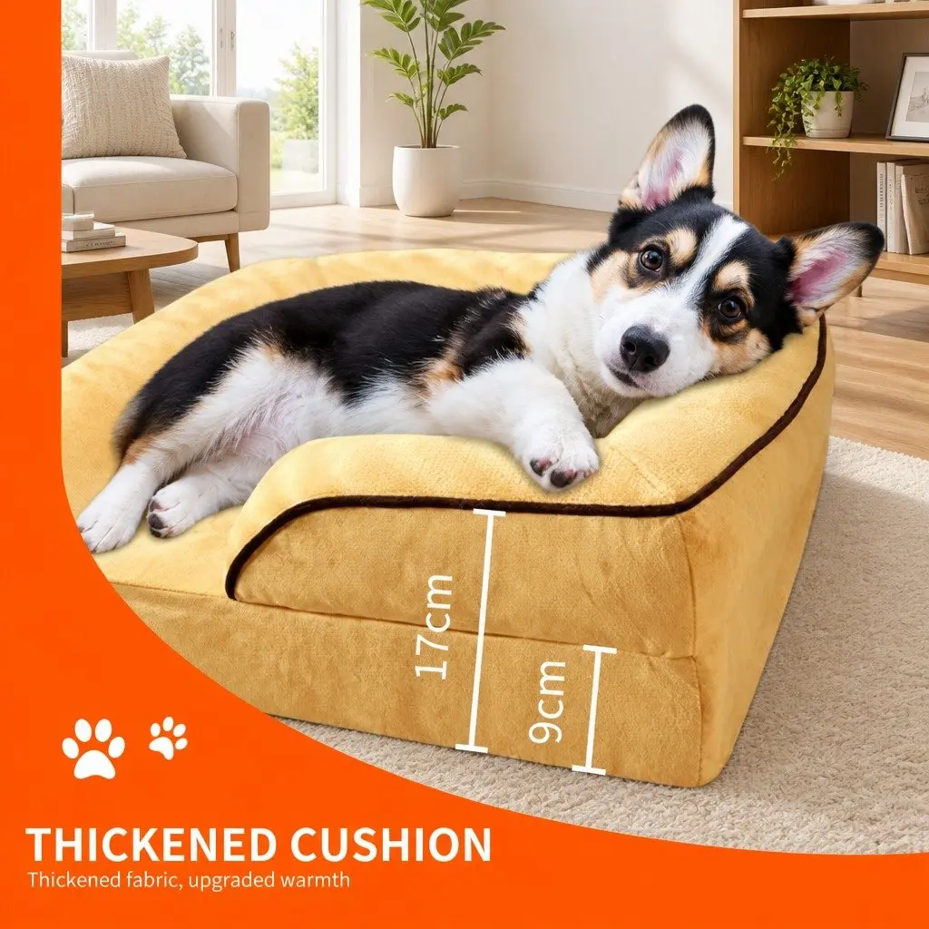 Dog Sofa Bed Thickened Sponge Deep Sleep Cushion Yellow 75x60x17cm