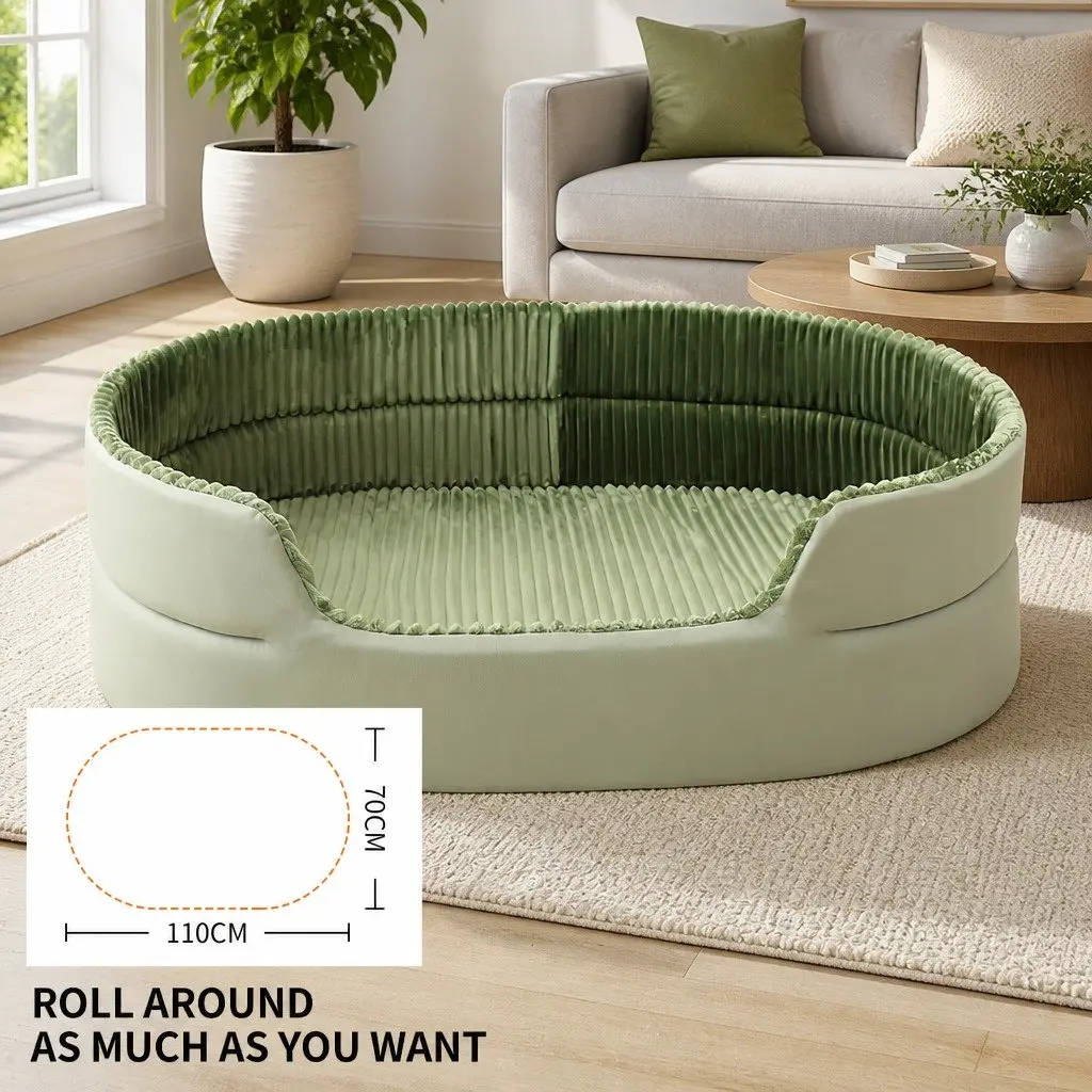 Large XXL Semi-Enclosed Pet Nest Bed Striped Design Avocado Colored