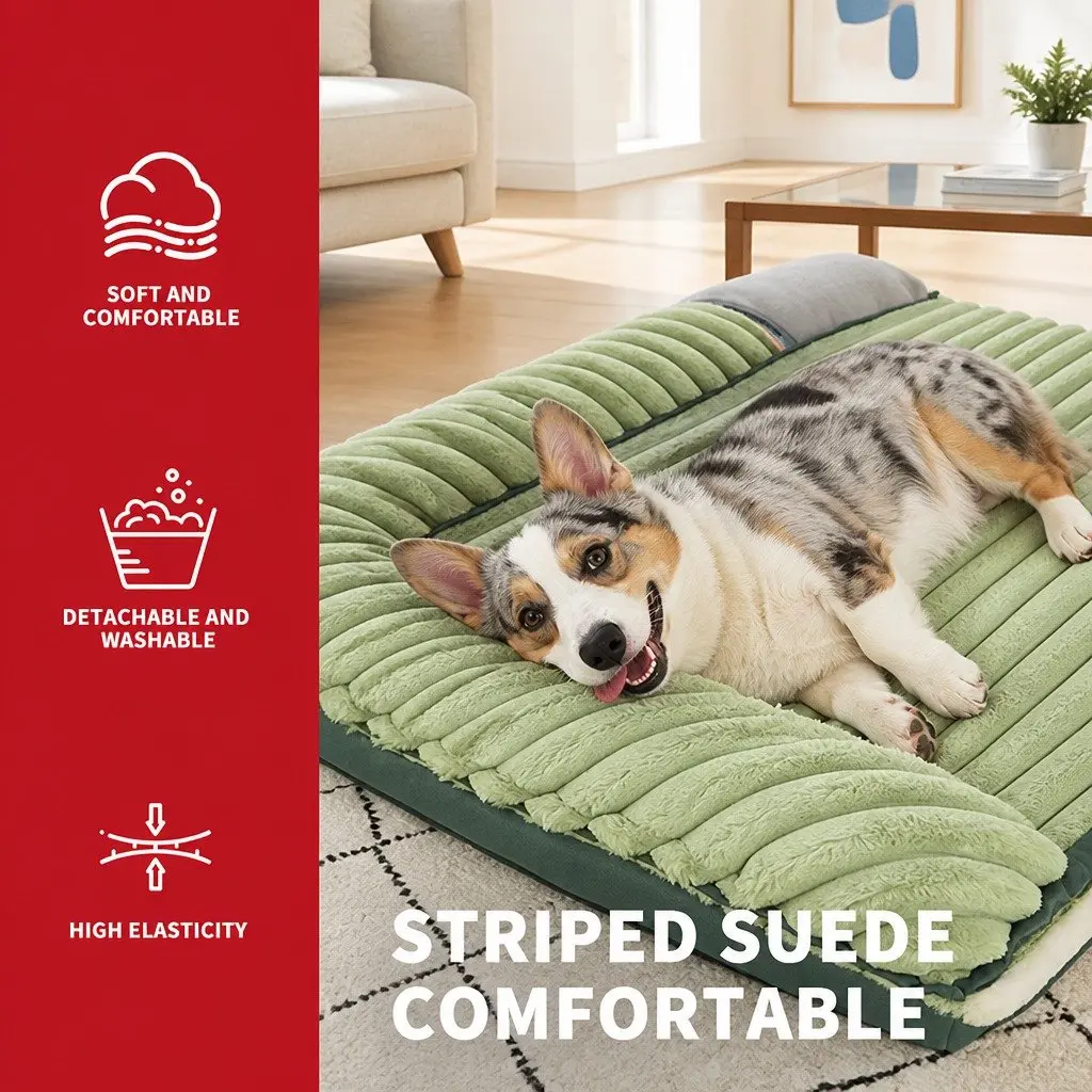 Striped Velvet Dog Bed Reversible Design Green Washable Pet Sleeping Mat Cushion
