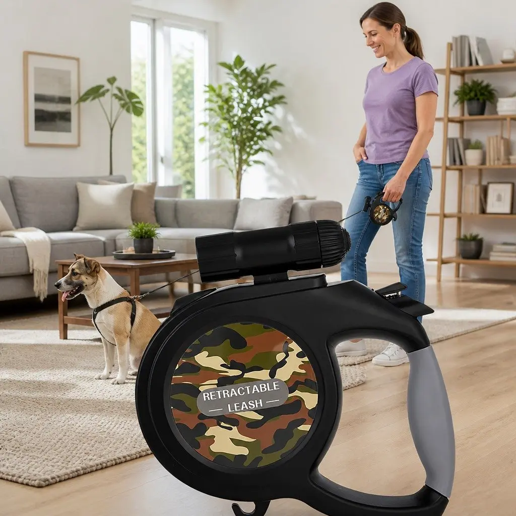 Pet Auto-Retractable Leash 8 Metres with Flashlight Green Camo Dog Walking Lead