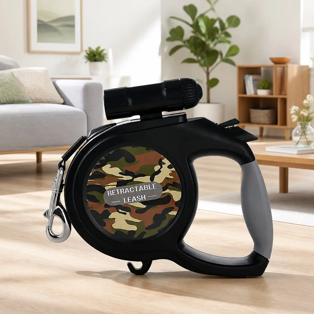 Pet Auto-Retractable Leash 8 Metres with Flashlight Green Camo Dog Walking Lead
