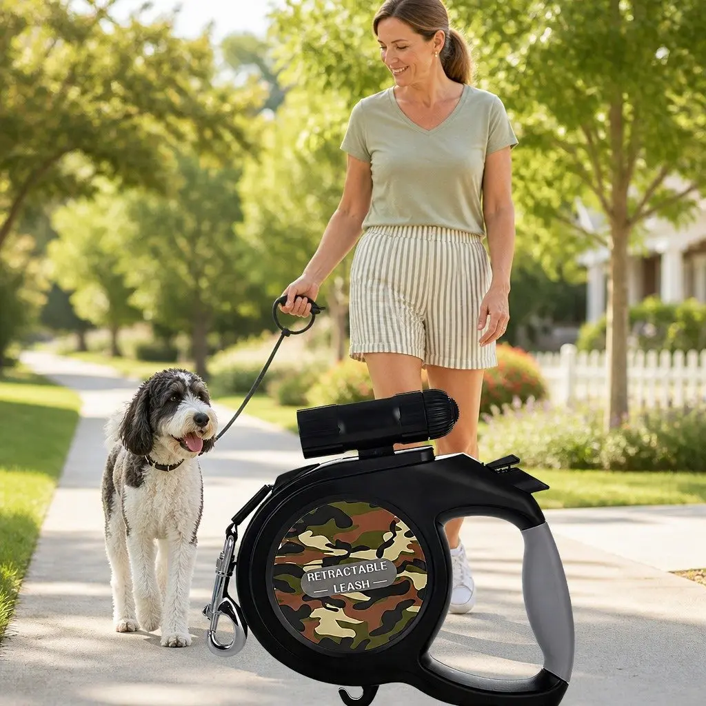 Pet Auto-Retractable Leash 8 Metres with Flashlight Green Camo Dog Walking Lead